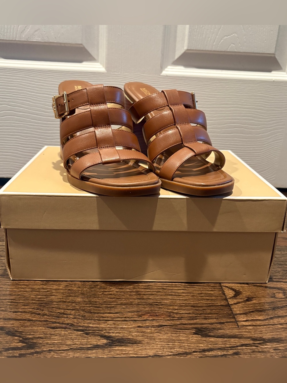 Michael Kors Brown Strappy Slide Sandals with Side Buckle